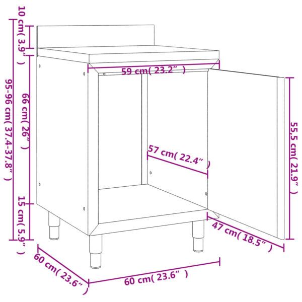 Komercijalni radni stol s ormarićem 60 x 60 x 96 cm od čelika - Slika 8
