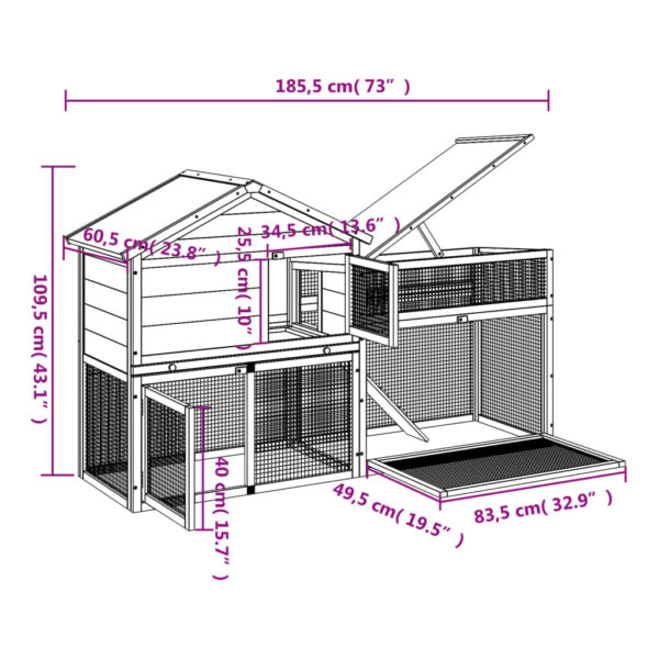 Kavez za zečeve sivi 185,5x60,5x109,5 cm od masivne borovine - Slika 8